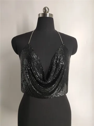 Women Sexy Sequin Rhinestone Halter Neck V Neck Crop Top Backless Metal Mesh Clubwear Tank Top Nightclub Party Vest