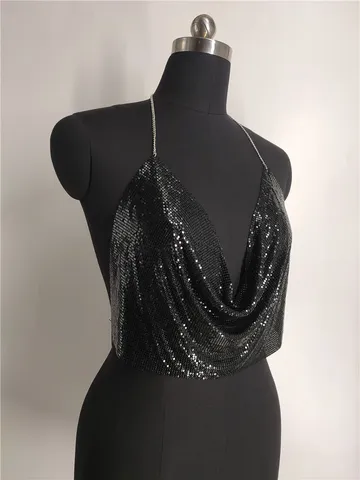 Women Sexy Sequin Rhinestone Halter Neck V Neck Crop Top Backless Metal Mesh Clubwear Tank Top Nightclub Party Vest