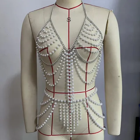 Women Sexy Artificial Pearl Body Chain Top And Sequin Skirt Set Rhinestone Metal Link Streetwear Clubwear Party Costume Outfit