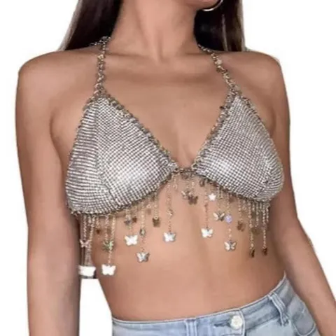 Sexy Strass Eingelegt Pailletten Schmetterling Halter Quaste Körperkette Weste Für Damen Gold Silber Polyester Metall Schmuck Bikini Top Party Nachtclub