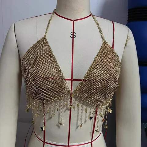 Sexy Strass Eingelegt Pailletten Schmetterling Halter Quaste Körperkette Weste Für Damen Gold Silber Polyester Metall Schmuck Bikini Top Party Nachtclub