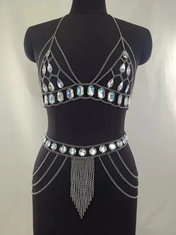 Canotta Sexy Body Chain con Scollo all'Americana per Donna Lega Acrilico Strass Patchwork Nappina Catena da Vita Gioielli di Moda per Festa Nightclub