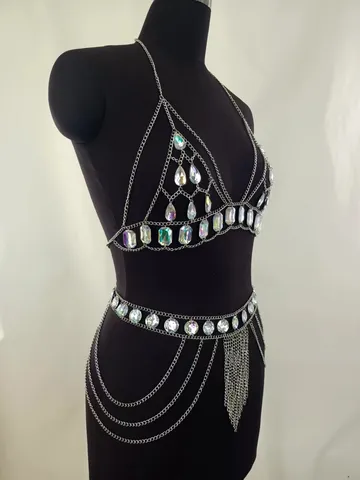 Canotta Sexy Body Chain con Scollo all'Americana per Donna Lega Acrilico Strass Patchwork Nappina Catena da Vita Gioielli di Moda per Festa Nightclub