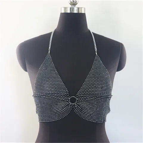 Women Sexy Halter Neck Rhinestone Mesh Crop Top Backless Sequin Metal Chain Camisole Ring Connected Polyester Rhinestone Party Top