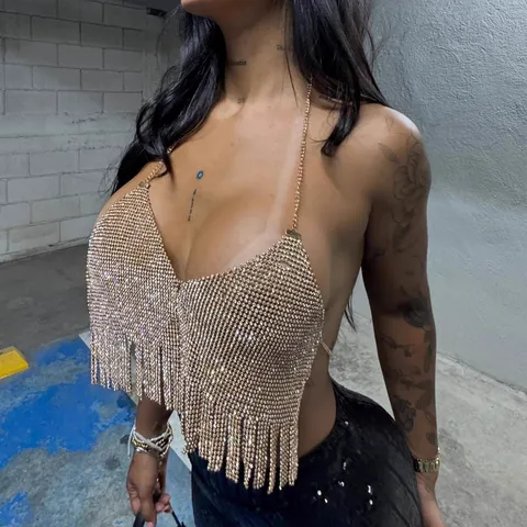 Women Halter Neck Cropped Top Shiny Full Rhinestone Tassel Vest Backless Sexy Party Festival Corset Top Gold Fashion Clothing