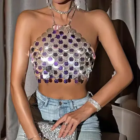 Sexy Women Sequin Halter Top Acrylic Disc Spliced Backless Tank Top Body Chain Festival Rave Outfit Clubwear Body Jewelry