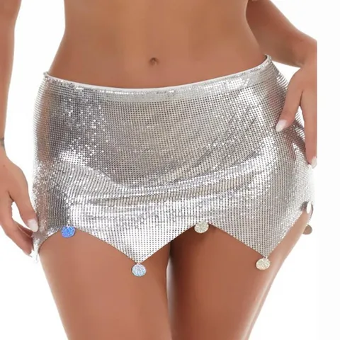 Women Sexy Silver Sequin Mini Skirt Nightclub Bodycon Skirt With Rhinestone Pendant Chain Link Streetwear Party Wear Skirt