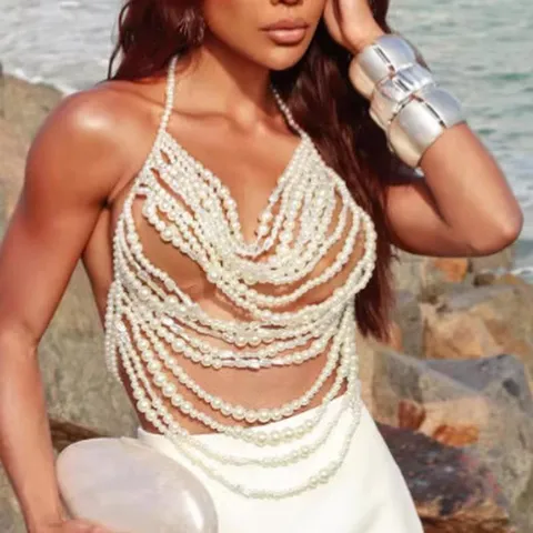 Women Sexy Multi Layer Faux Pearl Body Chain Vest Halter Top Streetwear Festival Party Rave Outfit Jewelry Accessory