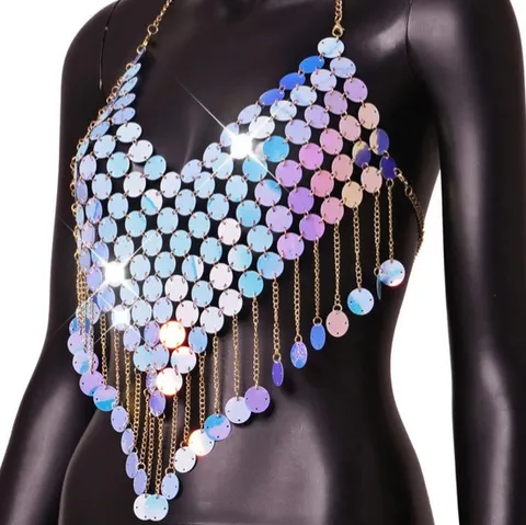 Handmade Sequin Tassel Body Chain Vest Top For Women Sexy Holographic Round Sequin Bralette Chain Streetwear Party Rave Jewelry