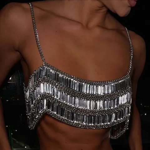 Sexy Women Halter Sequin Vest Top Multi Layer Acrylic Sequin Flash Bra Body Chain For Nightclub Street Wear Polyester Top