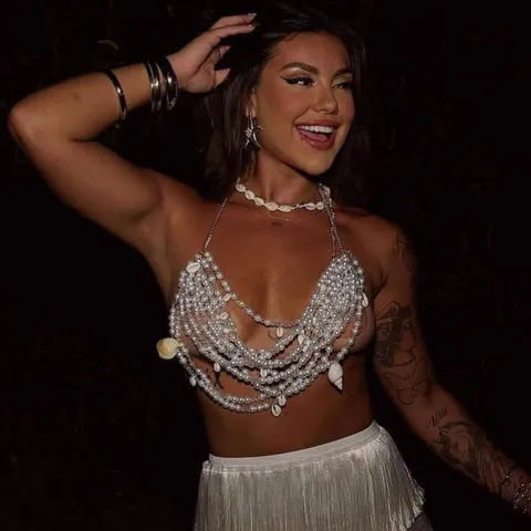 Women Sexy Artificial Pearl Tassel Shell Bralette Body Chain Top Polyester Handcrafted Beach Party Jewelry Body Harness Tank Top