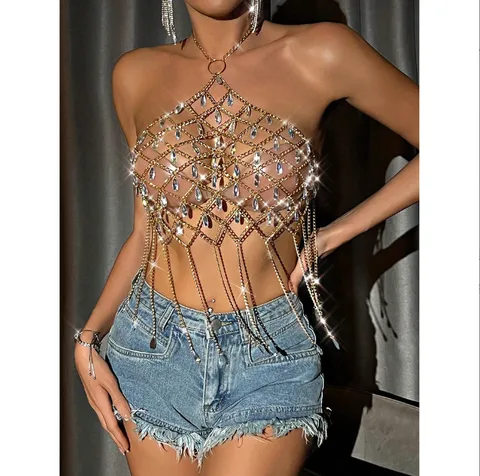 Women's Sexy Metal Chain Link Rhinestone Tassel Halter Top Backless Mesh Crop Top Body Chain Party Clubwear Vest