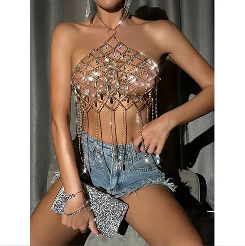 Women's Sexy Metal Chain Link Rhinestone Tassel Halter Top Backless Mesh Crop Top Body Chain Party Clubwear Vest