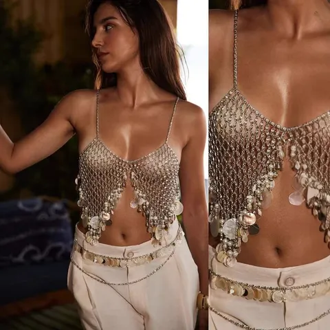 Women Sexy Alloy Metal Body Chain Vest Sequins Tassel Artificial Pearl Rhinestone Chest Chain Waist Chain Jewelry Top