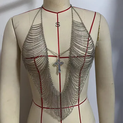 Gothic Legering Kruis Kwastje Lichaamsketting Vest Top Voor Vrouwen Zilveren Pailletten Borstketting Streetwear Clubwear Sexy Sieraden