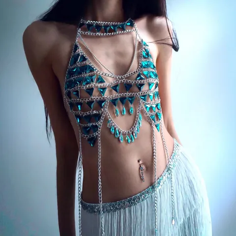 Women Sexy Nightclub Blue Acrylic Triangle Gem Aluminum Chain Body Chain Bra Vest Halter Backless Party Jewelry For Women