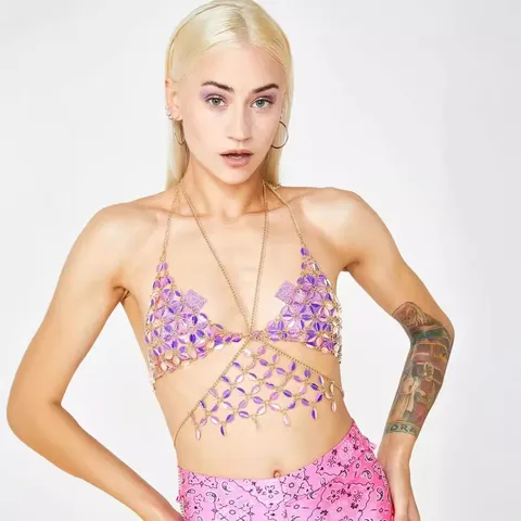 Women Halter Sequin Top Leaf Shape Patchwork Body Chain Vest Sexy V Neck Short Cami Tank Top Polyester Metal Party Streetwear