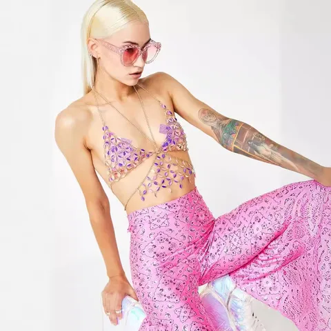 Women Halter Sequin Top Leaf Shape Patchwork Body Chain Vest Sexy V Neck Short Cami Tank Top Polyester Metal Party Streetwear