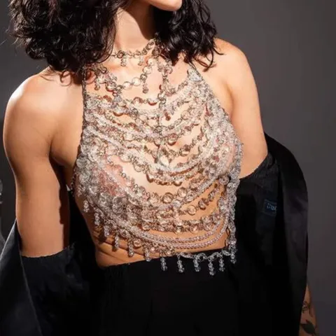 Women Sexy Rhinestone Body Chain Vest Alloy Multi-layer Tassel Reflective Crystal Body Jewelry Top For Party Clubwear Streetwear
