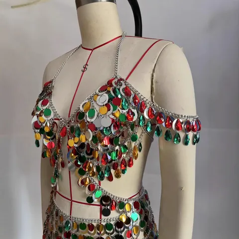 Women's Sexy Luxury Festival Multicolor Sequin Rhinestone Halter Bra Top Skirt Body Chain Set For Party Carnival Clubwear Accessory