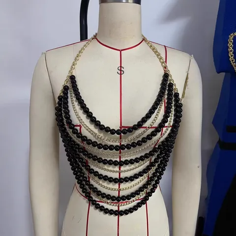 Women Sexy Gold Chain Halter Top Multi Layer Metal Body Chain With Black Beads Festival Party Beach Clubwear Crop Top