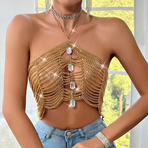 Top Corto Sexy para Mujer de Cadena de Metal Dorado Halter Chaleco de Cadena de Cuerpo de Strass Espalda Descubierta Festival Party Clubwear