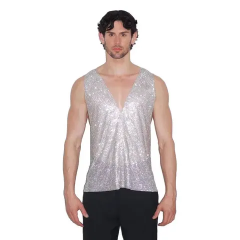 Men's Silver V-Neck Rhinestone Vest Clubwear Sparkly Sleeveless Top For Music Festival Party Performance Polyester Rhinestone Outfit