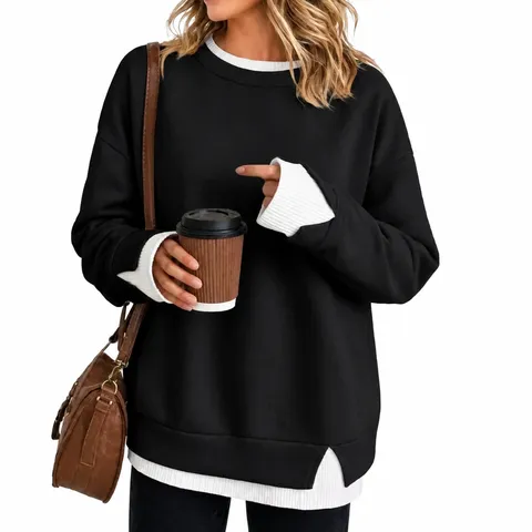 Dames Casual Losse Nep Tweedelig Sweatshirt Lange Mouwen Patchwork Ronde Hals Effen Kleur Gestreepte Pullover Top Streetwear