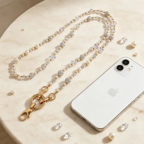 Cordino per Telefono in Perle Artificiali e Cristallo a Tracolla Catena per Cellulare Anti-Smarrimento per Donna Ciondolo per Borsa