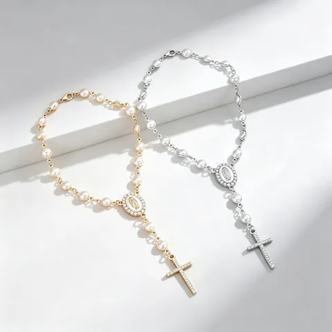 Cross Car Hanging Ornament Rosary Beaded Prayer Beads Artificial Pearl Rhinestone Baptism Religious Jewelry Auto Rearview Mirror Decoration