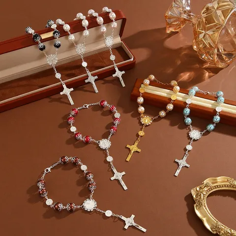 Cross Car Hanging Ornament Rosary Beaded Prayer Beads Artificial Pearl Rhinestone Baptism Religious Jewelry Auto Rearview Mirror Decoration