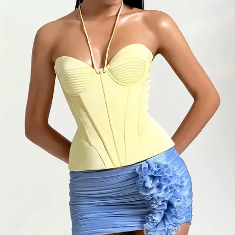 Women Halter Neck Sexy Corset Top Lace Up Boned Bustier Slim Fit Solid Color Polyester Backless Sleeveless Summer Tank Top