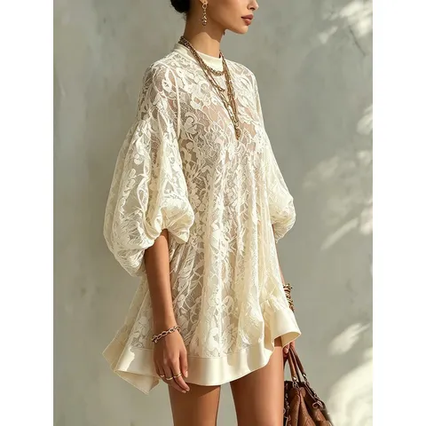 Women Casual Loose Beach Cover Up Dress Polyester V Neck Floral Lace Hollow Out Puff Sleeve Holiday Summer Smock Top