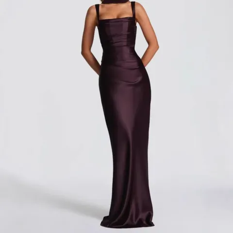 French Style Women Satin Evening Dress Elegant Slim Fit Spaghetti Strap Fishbone Bodice Ribbon Decoration Party Maxi Dress
