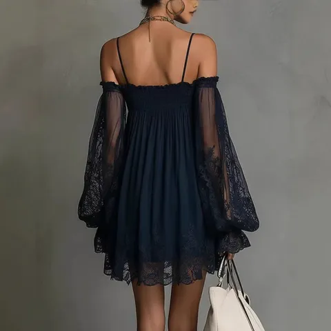 Vestido de Encaje Sexy para Mujer con Mangas Largas Transparentes Hombros Descubiertos Vestido Mini Color Sólido Ropa de Fiesta Streetwear