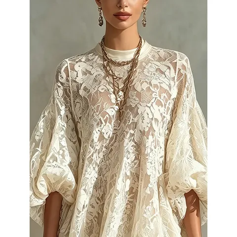 Women Casual Loose Beach Cover Up Dress Polyester V Neck Floral Lace Hollow Out Puff Sleeve Holiday Summer Smock Top