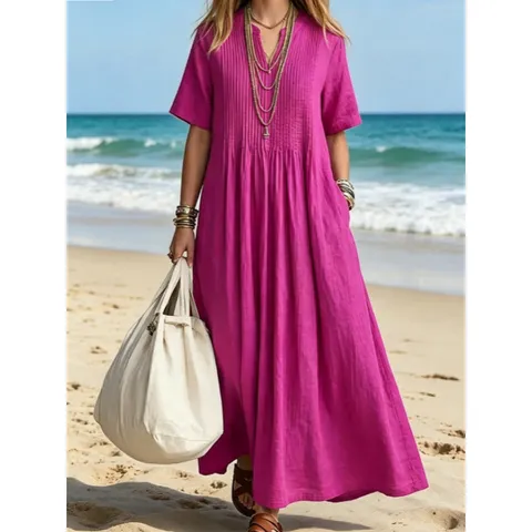 Γυναικείο Casual Maxi Φόρεμα από Μείγμα Βαμβακιού Λαιμόκοψη V Κοντό Μανίκι Χαλαρή Εφαρμογή Πλισέ για Παραλία Διακοπών Μονόχρωμο