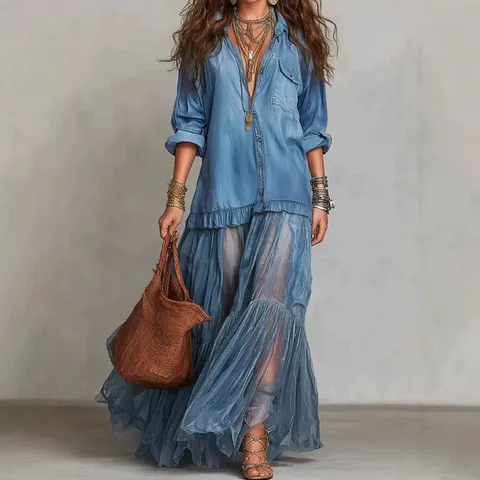Women's Vintage Lapel Faux Denim Spliced Maxi Dress Loose Long Sleeve Tiered Mesh Casual Boho Dress With Pockets