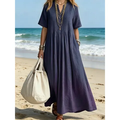 Γυναικείο Casual Maxi Φόρεμα από Μείγμα Βαμβακιού Λαιμόκοψη V Κοντό Μανίκι Χαλαρή Εφαρμογή Πλισέ για Παραλία Διακοπών Μονόχρωμο