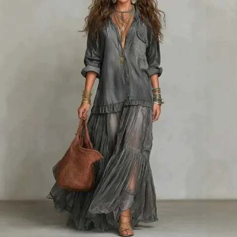 Women's Vintage Lapel Faux Denim Spliced Maxi Dress Loose Long Sleeve Tiered Mesh Casual Boho Dress With Pockets