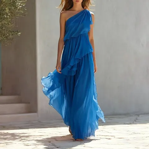 French Resort Style Halter Single Shoulder Ruffle Maxi Dress Solid Color Sleeveless A-Line Summer Beach Bohemian Long Dress For Women
