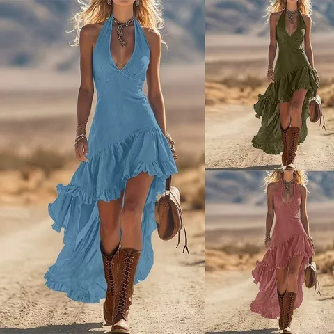 Women American Western Style Halter Midi Dress Sleeveless V-Neck Irregular Ruffle Hem High Low Dress Solid Color Summer Casual Vacation Sun Dress