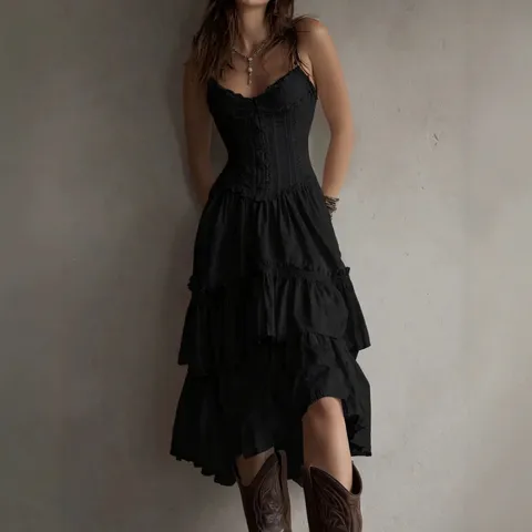 Women Sexy Lace Patchwork Camisole Tiered Cake Midi Dress Back Tie-Up Spaghetti Strap Solid Color Ruffle Sundress For Urban Commuting