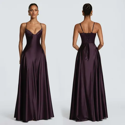 Elegant Women Satin Evening Gown Sexy Deep V Neck Cami Maxi Dress Backless Lace Up Floor Length Formal Party Banquet Dress