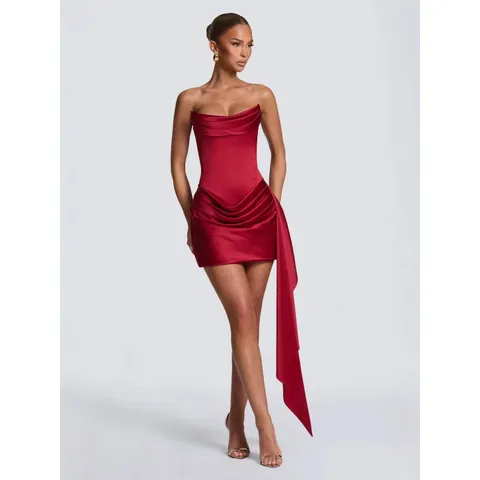 Sexy Women Polyester Satin Look Strapless Mini Dress Ruched Bodycon Corset Party Dress With Ruffle Detail Elegant Evening Wear For Banquet