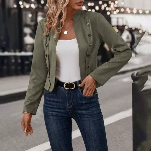 Chaqueta Retro de Doble Botonadura para Mujer Cuello Alto Manga Larga Color Sólido Ajuste Entallado Blazer Top Ropa de Abrigo