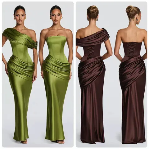 Elegant Satin Mermaid Evening Dress With Detachable Pleated Collar Boned Corset Back Lace-up Long Fishtail Gown For Women Banquet Party