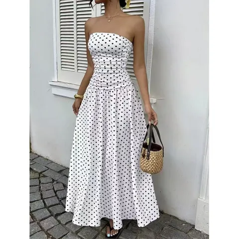 Robe Longue Sexy à Épaules Dénudées et Pois Pour Femmes Élégante Coupe Ajustée Été Vintage Français Imprimé