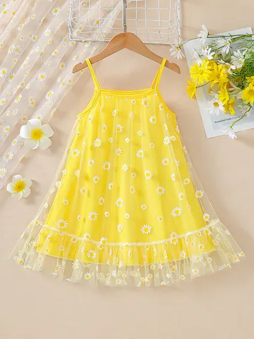 Petite Pâquerette Robe Princesse en Maille Florale pour Filles Été Doux Sans Manches Volant Robe de Fête Vêtements pour Enfants