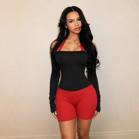 Women Sexy Slim Fit Halter Neck Two Piece Set Autumn Fashion Long Sleeve Top And Shorts Black Red Patchwork Co-ord Set